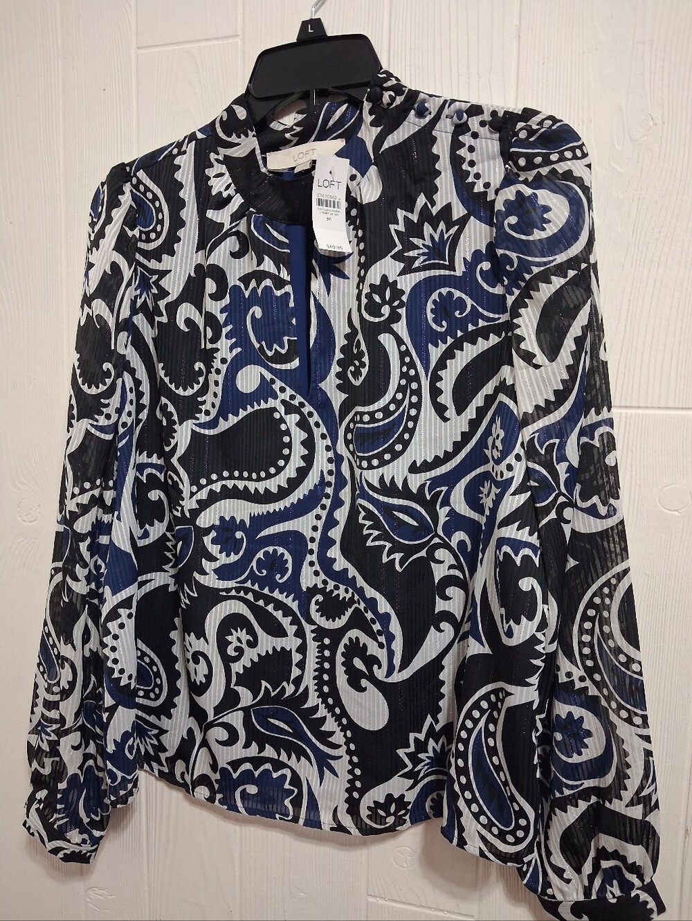 LOFT Blue & Black Paisley Pleated Long-Sleeve Blouse